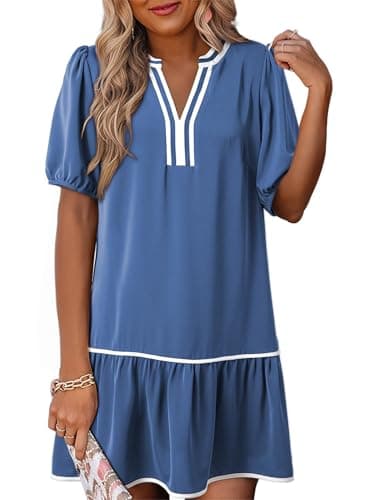 Dokotoo Womens Summer Boho Mini Dress 2026 Spring Fashion Trendy Short Sleeve V Neck Wedding Guest Dresses for Women Color Block Beach Vacation Ladies Clothing Outfits with Pockets Dark Blue - Image 1