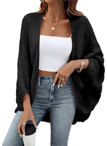 Sidefeel Women's Cardigan Sweater Kimonos Boho Long Batwing Sleeve Knit Open Front Shrugs Lightweight Sweater Black Medium - Image 1