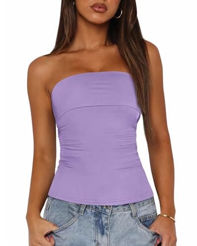 BTFBM Womens Strapless Tube Tops Spring Summer Clothes 2026 Trendy Casual Ruched Stretchy Going Out Bodycon Bandeau Top(Purple, Small) - Image 1