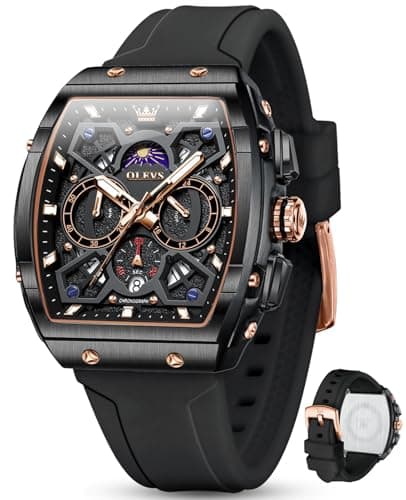 OLEVS Black Watches for Men Luxury Silicone Strap Dress Mens Watch Waterproof Chronograph Square Black Men's Wrist Watches Multifunctional Casual Moon Phase Skeleton Watch Reloj para Hombre - Image 1