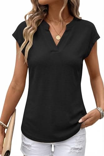 AUMORA Womens Waffle Knit V Neck Cap Sleeve T Shirts Summer Casual Solid Color Basic Tops for Women Black - Image 1