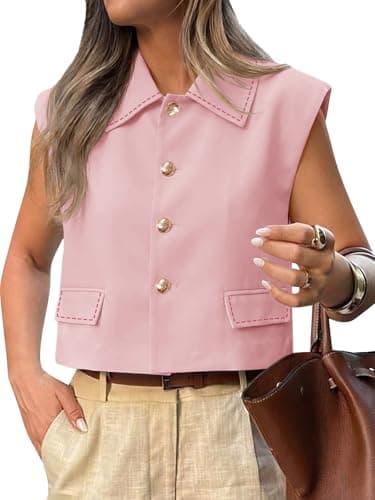 Tankaneo Womens Cropped Suit Vest Tops Cap Sleeve Lapel Collar Button Down Trendy Casual Blazer Waistcoats - Image 1