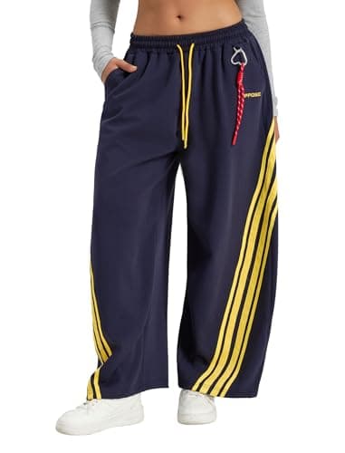 PPONE Women’s Y2K Barrel Sweatpants, 4-Stripe Baggy Wide Leg Pants, Mid Rise Streetwear Track Pants with Adjustable Cuffs and Drawstring Waist Blue - Image 1