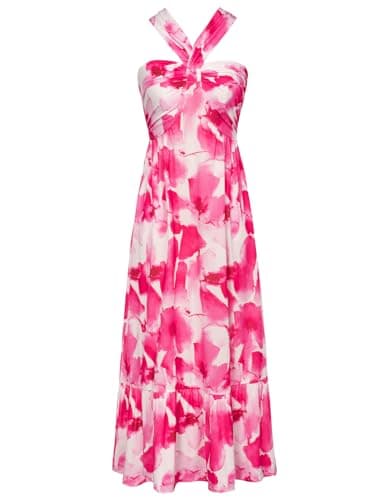 2024 Summer Women's Criss Cross Halterneck Sleeveless Floral Print Flowy A Line Maxi Dress Pink Watercolour XL - Image 1