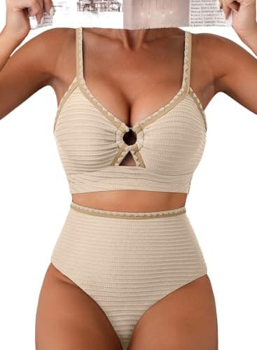 Herseas Women's Textured Bikini Sets High Waisted Tummy Control Popular Swimsuits Whip Stitch Metal Ring Cutout Top Wire Free Ladies Bathing Suits Trendy Swimming Wear Medium Beige - Image 1