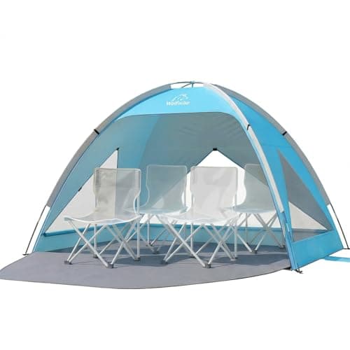 Wolfwise Beach Tent Sun Shelter for 4 Person with UPF 50+ UV Protection, Sun Shade Beach Tents with Extendable Floor for Privacy, 3 Ventilated Mesh Windows & Carrying Bag, 95 ''x65''x55'', Blue - Image 1