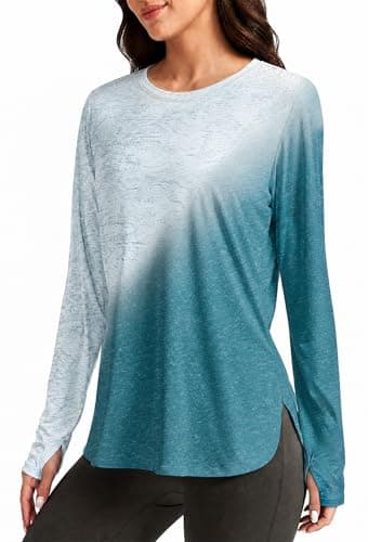 Alaroo Womens Workout Tops for Women Long Sleeve Sun Protection T Shirts Hiking Gym Running Yoga Grey/Blue Gradient M - Image 1