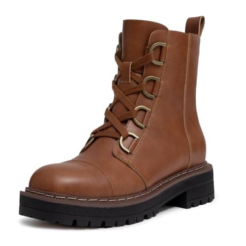 Women's Low Chunky Heel Lace-Up Platform Ankle Combat Boots Brown Size 7