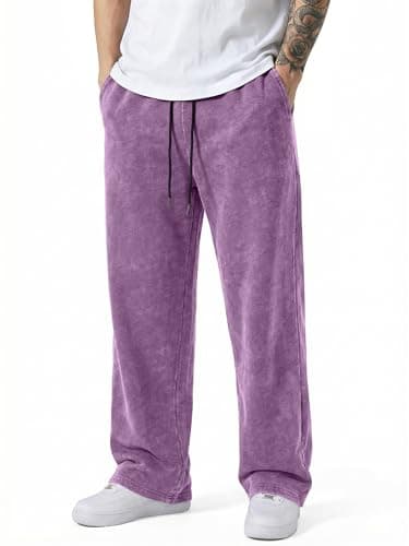 JMIERR Men's Baggy Pants Relaxed Fit Acid Washed Distressed Cotton Wide Leg Drawstring Athletic Casual Streetwear Sweatpants with Pockets, 2XL, Purple - Image 1