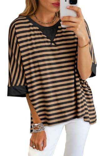 Dokotoo Womens Tops 2025 Summer Crew Neck Blouses for Women Casual Short Sleeve T Shirts Plus Size Striped T-Shirts Color Blocking Loose Basic Tee - Image 1