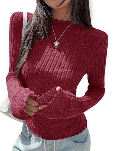 PRETTYGARDEN Fall Going Out Tops for Women Trendy Mock Neck Long Sleeve T Shirts Casual Soft Lightweight Dressy Blouses Top (Red, Medium) - Image 1