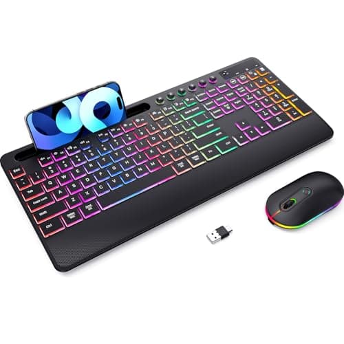 Wireless Keyboard and Mouse Combo - Dual System RGB Backlit Mouse and Keyboard,2.4G Rechargeable,Full-Sized Ergonomic Silent Design with Phone Holder for Windows Mac PC Laptop (Black-V2) - Image 1