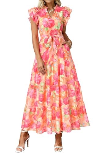 dowerme Women Summer Maxi Dresses 2026 Ruffle Sleeve V Neck Floral Boho Long Dress Belted Tiered Sundress with Pockets(Orange Red Big Floral,X-Large) - Image 1
