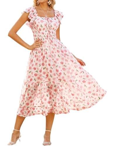 GRACE KARIN Women's Floral Midi Cottagecore Dress Square Neck Ruffle Sleeve Spring Dress Formal Wedding Guest Dresses Pink S - Image 1