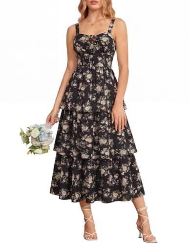 Wedding Guest Dresses for Women 2026 Black Floral Dress Maxi Tiered Summer Sundress Black Apricot Rose Size 16 - Image 1