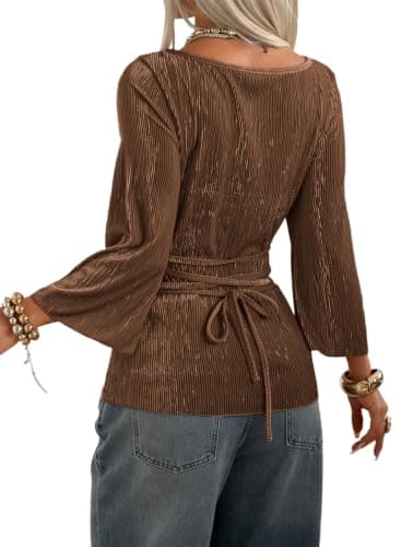 Dokotoo Business Casual Tops for Women 3/4 Flared Sleeve Tops Casual Boat Neck Brown T Shirts Pleated Basic Solid Shirts Pullover Ruched Waist Shirt Small - Image 1