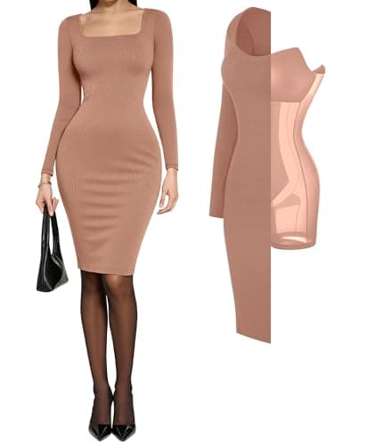 Popilush Plus Size Dresses Long Sleeve Cocktail Brown Square Neck Midi Dress Shapewear Tummy Control Bodycon Dress Party Evening Built in Bra - Image 1
