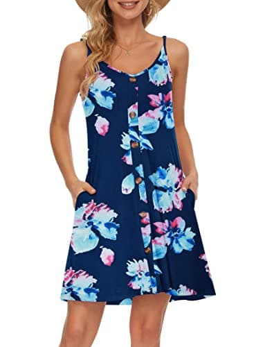 WNEEDU Women's Summer Spaghetti Strap Button Down V Neck Casual Beach Cover Up Dress with Pockets,Floral Navy Pink S - Image 1