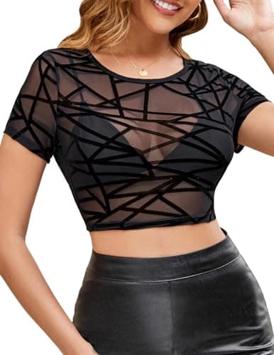 GAMMIS Womens Short Sleeve Mesh Top Crew Neck See Through Shirt Mesh Shirt Fitted Top Geometric Web Print XL - Image 1