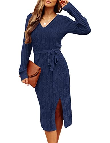 MEROKEETY Women's 2025 Fall Long Sleeve Bodycon Sweater Dress Winter V Neck Cable Knit Slit Midi Dresses, Navy, L - Image 1