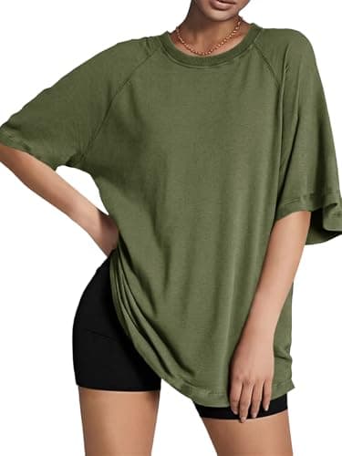 Tankaneo Womens Oversized Tshirts Crew Neck Short Raglan Sleeve Tunic Tops Summer Casual Loose Fit Workout Tee Shirts Army Green - Image 1