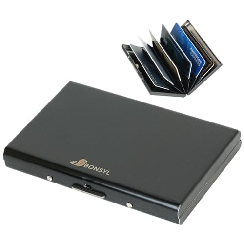 BONSYL® Credit Card Holders with 6 PVC Slots for Women Men, Slim RFID Blocking Security Stainless Steel Metal Wallet, for Protector Your Cards information. (6 Card/Black)
