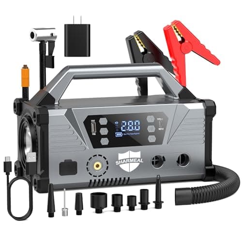 Sharmeal Jump Starter with Air Compressor,9000A Car Battery Jump Starter (All Gas/12.0L Diesel),200PSI Car Battery Jumper Starter Portable 12V Jump Box with Jumper Cables, LED Light