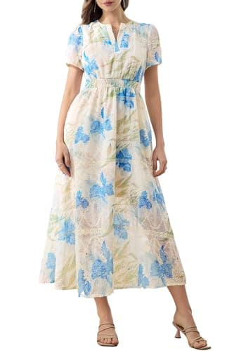 Women's Summer Casual 2026 V Neck Short Puff Sleeve High Empire Elastic Waist Cotton Aline Beige Cream and Blue Green Floral Textured Eyelet Embroidery Boho Vocation Cottagecore Dating Pockets Dress - Image 1