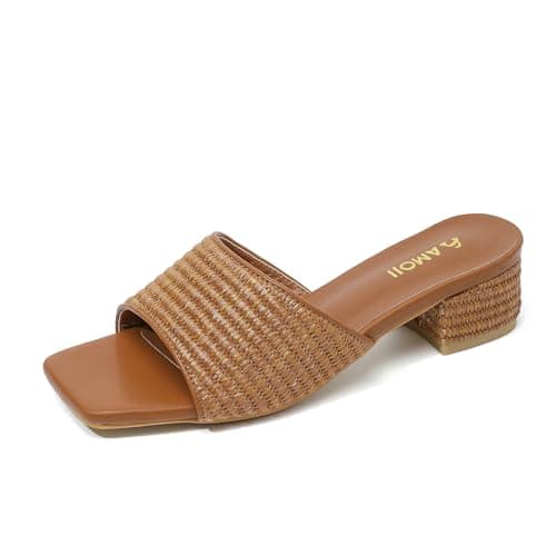 Amoji Raffia Block Heels Women Dress 2 In Dress Heeled Sandals 345 Brown 8 women