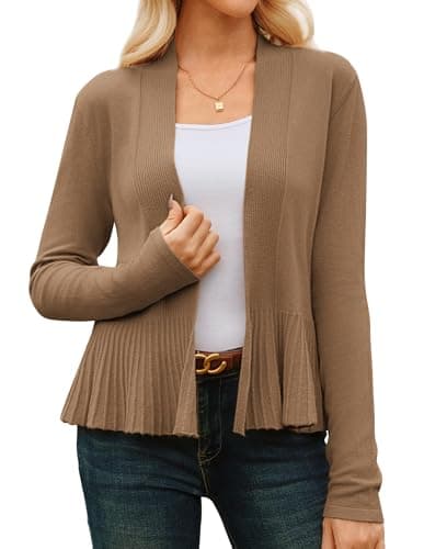 GRACE KARIN Women's Lightweight Peplum Cardigan Sweaters Open Front Cropped Cardigan Long Sleeve Trendy Summer Knit Tops Khaki XL - Image 1