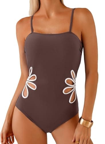 Herseas Women Floral Cutout Wire Free Padded Square Neck One Piece Swimsuits Ruched Adjustable Spaghetti Straps Bathing Suits Casual Beach Outfits for 2026 Summer Brown Small - Image 1