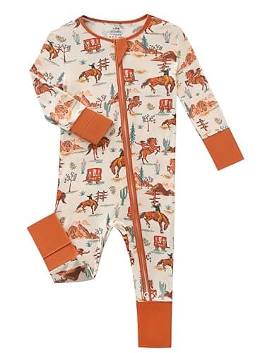 Joonberry Unisex Baby Bamboo Viscose Long Sleeve Romper, Cute Prints Zipper Footless Jumpsuit, Toddler One-Piece Outfits (Riding a Horse, 1-3M) - Image 1