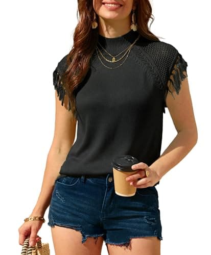 AceNest Cute Summer Tops for Women Chic Sleeveless Blouses Fringe Tank Tops Country Concert Black M - Image 1