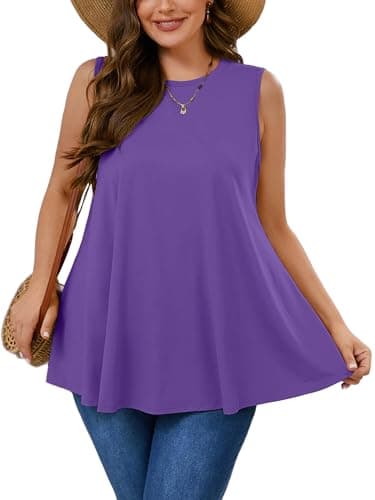 AusLook Plus Size Women's Tank Tops Purple 2X Summer Casual Crew Neck Sleeveless Flowy Loose Fit Boho Tops 2025 Basic Loose Dressy Work Holiday Shirts Business Outfits - Image 1