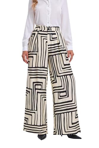 Women Elastic Waist Palazzo Wide Leg Zipper Button White and Black Geometric Viscose Rayon Loose Fit Tapered Dress Pant with Pockets for Office Vocation Wear to Work Casual Beach Trouser Large L