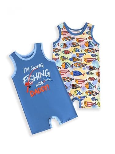 Joonberry Unisex-Baby 2-pack Cute Print Bodysuit, Soft Bamboo Rayon Boy Girl Jumpsuit Clothes, Newborn Infant Outfit Romper (Colorful Fish-Style3, 1-3M) - Image 1
