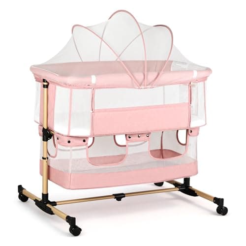 cutebeams Baby Bassinet, 3 in 1 Infant Bassinet Bedside Sleeper, Bassinet with Cover, Rocking Bedside Bassinet for Baby with Storage Basket, Foldable & Adjustable Travel Crib (Light Pink) - Image 1