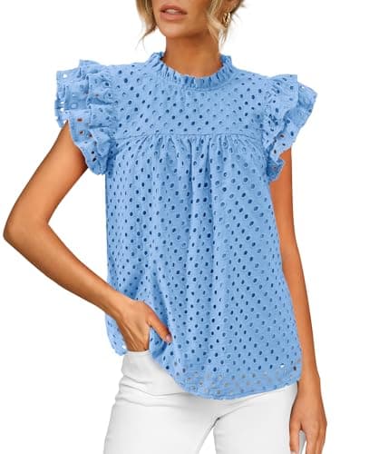 BTFBM Casual Summer Tops for Women 2026 Short Ruffle Sleeves Shirts Crew Neck Hollow Out Lace Embroidered Blouses(Light Blue,XX-Large) - Image 1