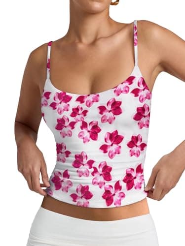 PINKMSTYLE Womens Summer Floral Print Tank Tops Slim Fit Scoop Neck Double Lined Sleeveless Top Going Out Beach Vacation Cami Tops Pink Flowers XX-Large - Image 1