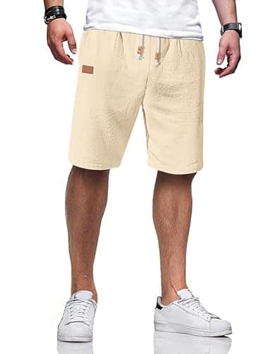 AUSELILY MEN Men's Cotton Linen Shorts 9 inch Drawstring Casual Elastic Waist Mens Summer Beach Vacation Shorts Big and Tall with Pockets Apricot 4XL - Image 1