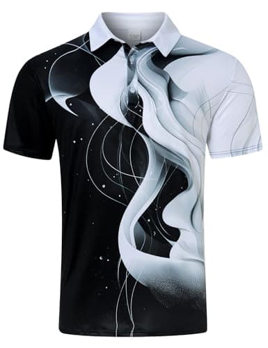 Seadodo Golf Shirts for Men Short Sleeve Dry Fit Moisture Wicking Performance Print Polo Shirt for Tennis Hiking Camping Black White Line L - Image 1