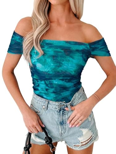 Glamaker Women Off The Shoulder Mesh Tops 2026 Summer Floral Sheer Short Sleeve Ruched Fitted Going Out Y2k Shirts Blouses Floral Lake Blue S - Image 1