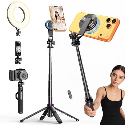 Magnetic Tripod for iPhone with 1/4" Screw, 53" MagSafe Selfie Stick Tripod with Remote & Metal Ring, 4-Leg Stable Phone & Camera Tripod for Video Recording, Vlogging, TikTok, Travel, Black - Image 1