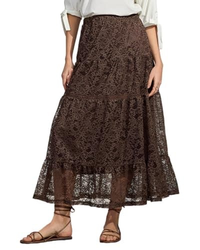 Ystguic Women's Casual Summer Spring Boho Lightweight Midi Skirt Ladies Lace Embroidery Ruffle High Empire Waist Elasticated A Line Flowy Beach Skirts Small Coffee YG086 S - Image 1