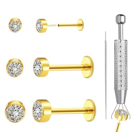 hooppoo Delicate Moissanite & Titanium Threadless Flat Back Studs - 6-Piece 20G Labret Set for Nose, Helix, Cartilage, Conch, and Lip Piercings for Women & Men (Gold) - Image 1