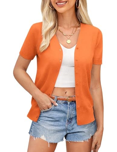Women Shrugs for Dresses Short Sleeve Sweater Jacket Essential Cropped Cardigan for Ladies(Orange Short Sleeve,M) - Image 1