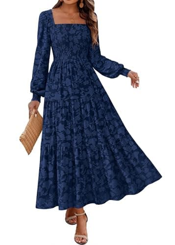 KIRUNDO Wedding Guest Dresses for Women 2026 Fall Long Sleeve Smocked Floral Flowy Spring Baby Shower Maxi Dress Pockets (Navy, Medium) - Image 1