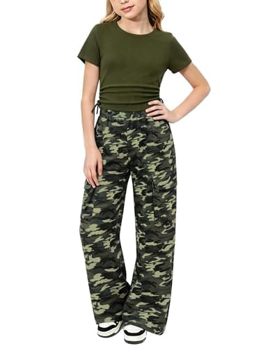AMAWMW Girls Clothes Summer Outfits Short Sleeve Ruched T-Shirt Tops and Camo Cargo Pants 2Pcs Teen Clothing Green 15-16Y - Image 1