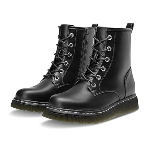 Athlefit Women's Lace-Up Combat Boots Fashion Casual Low Platform Lug Sole Ankle Booties with Side Zipper for Outdoor Walking,Black,Size 8.5,AD01863 - Image 1