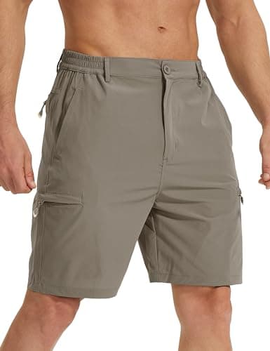 MOURCE Mens Hiking Shorts 9" - Stretch Lightweight Cargo Shorts for Men with Zipper Pockets Flat Front, Khaki - Image 1